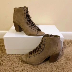 Faux Suede lace up open toed heels